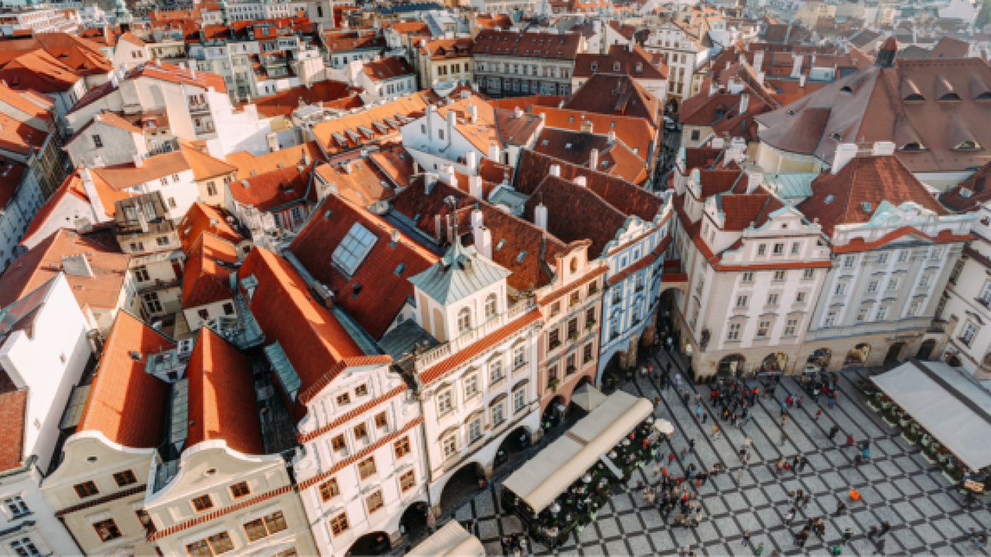 Cityscape of Prague, Czech Republic. View viewpoint old hall tower